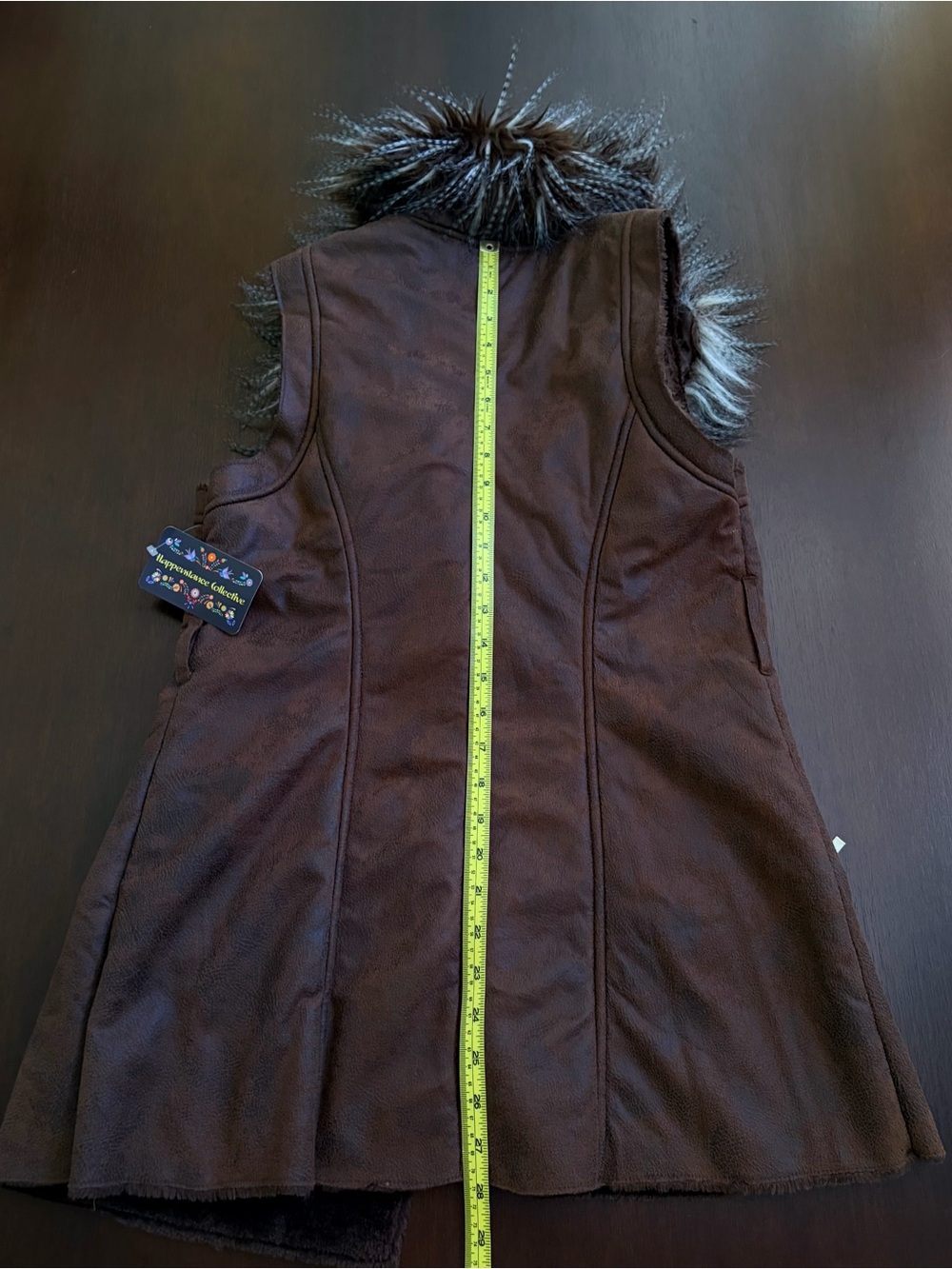 Women's Brown Faux-Suede Sleeveless Vest with Faux-Fur Trim Hood - Picture 5 of 8